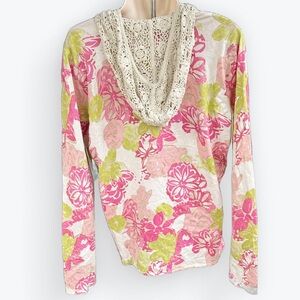 Soft Girl Romantic Floral Cottagecore Crochet Lace Silk/Rayon Knit Zip Sweater~M